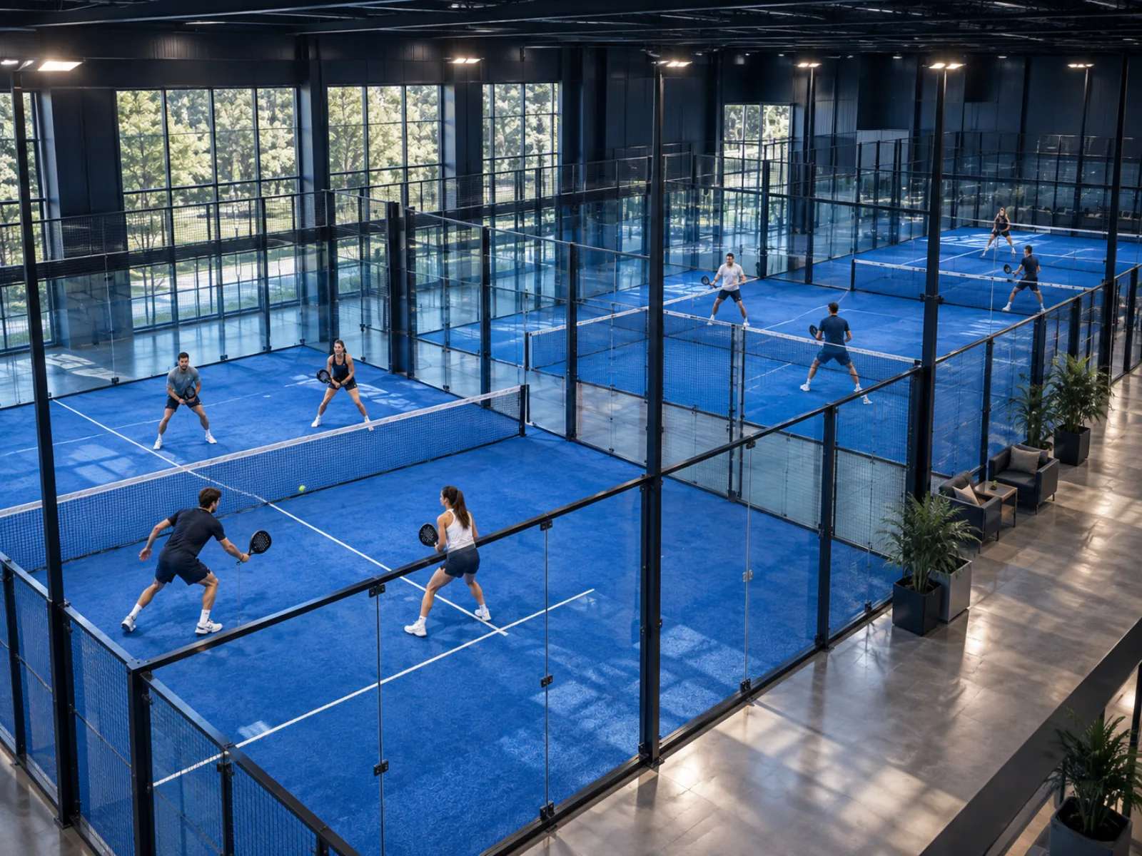 Aerial view of a padel club with several glass-walled courts