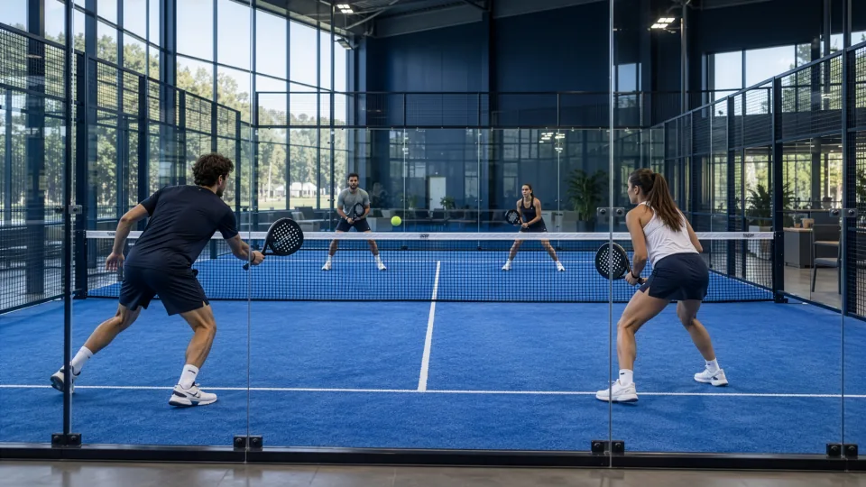 Indoor padel court seen through its glass back wall: two pairs mid-rally on blue turf, the ball above the net