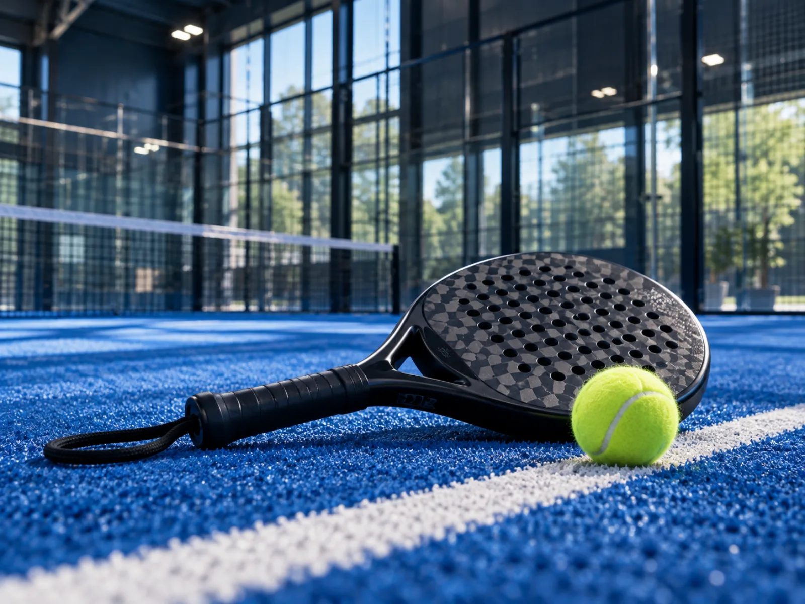 Padel racket resting on blue court turf next to a yellow ball